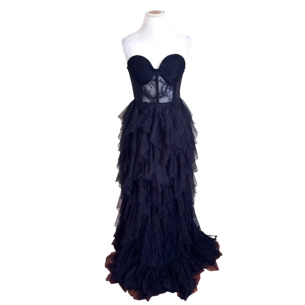 Faeriesty Whimsigoth Corset Lace Gown Dress XL Black Sheer Tulle Ruffle Gala